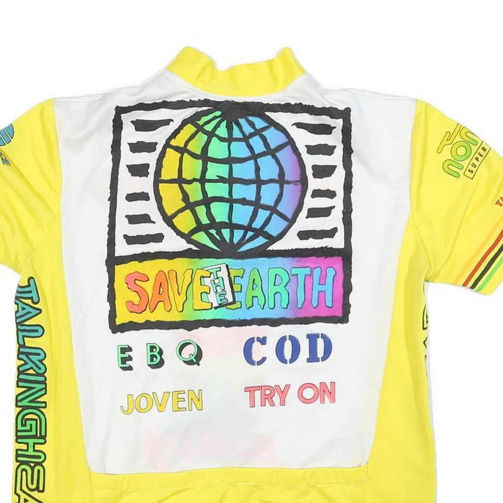 Mens White & Yellow Graphic T-Shirt L Short Sleeve Crew Neck Save Earth