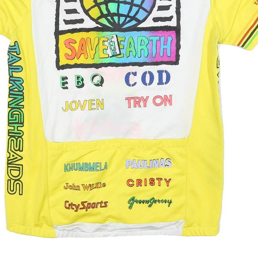 Mens White & Yellow Graphic T-Shirt L Short Sleeve Crew Neck Save Earth