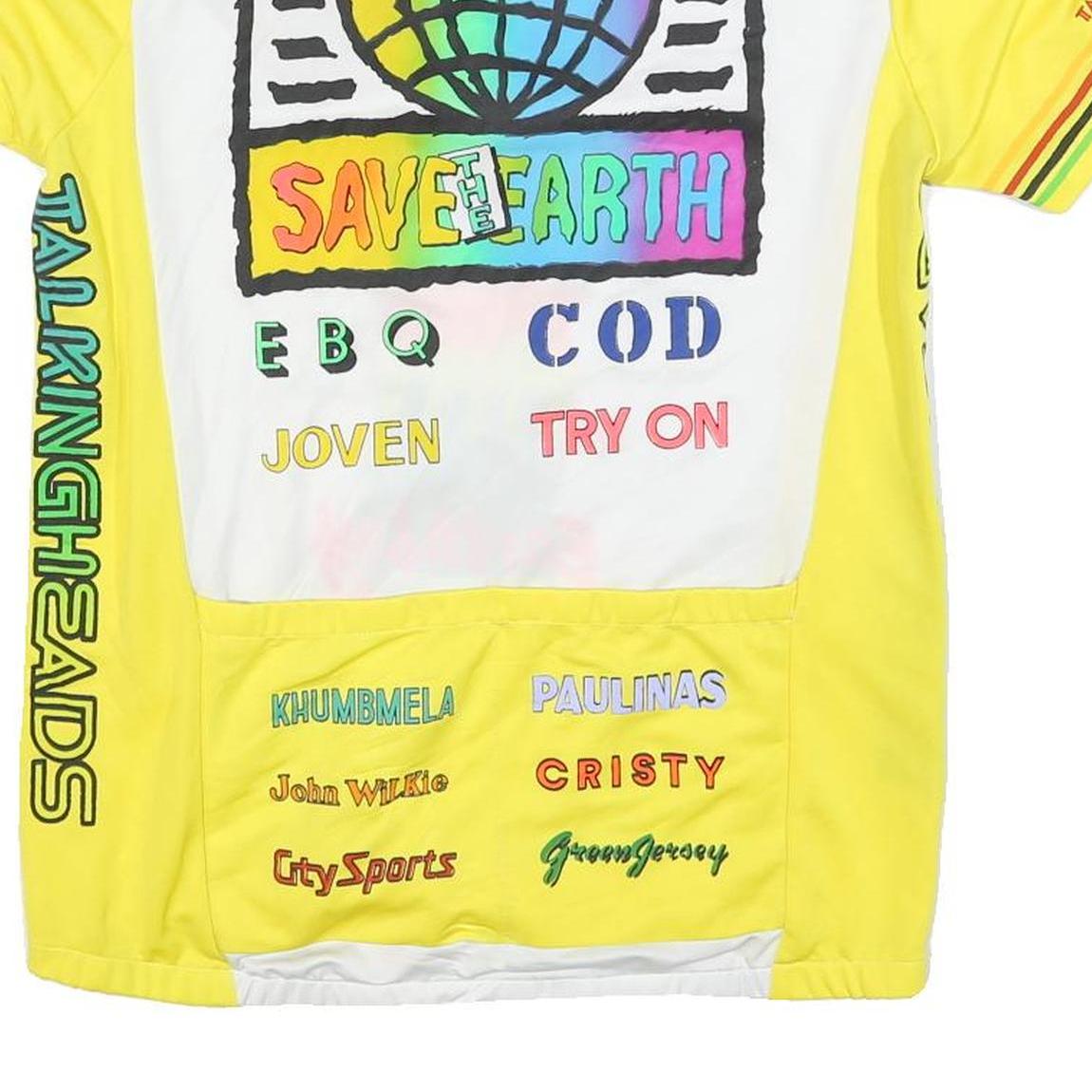 Mens White & Yellow Graphic T-Shirt L Short Sleeve Crew Neck Save Earth