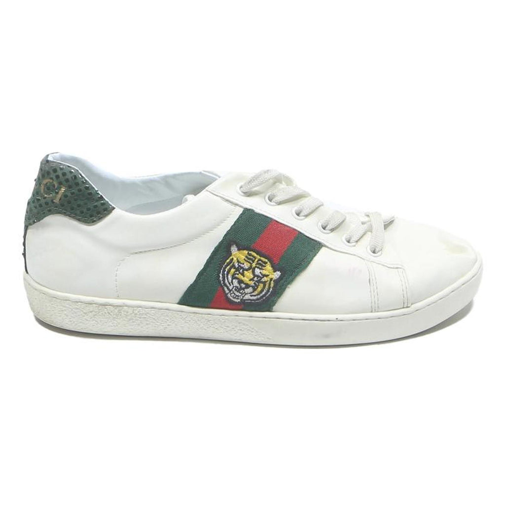GUCCI Ace Mens Low Top Trainers White Leather UK 6.5 Tiger Embroidered Stripe