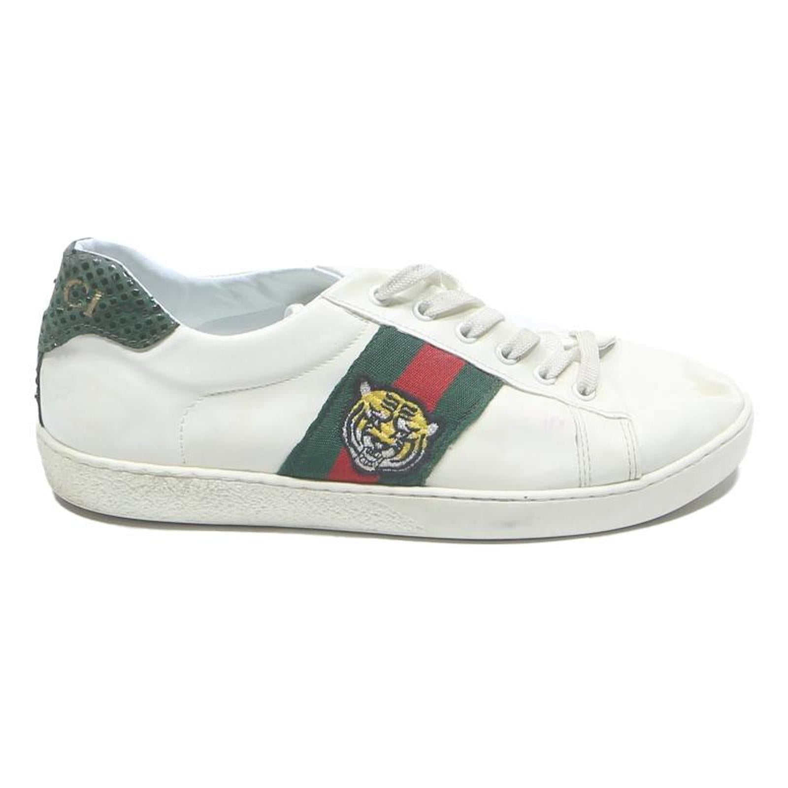GUCCI Ace Mens Low Top Trainers White Leather UK 6.5 Tiger Embroidered Stripe