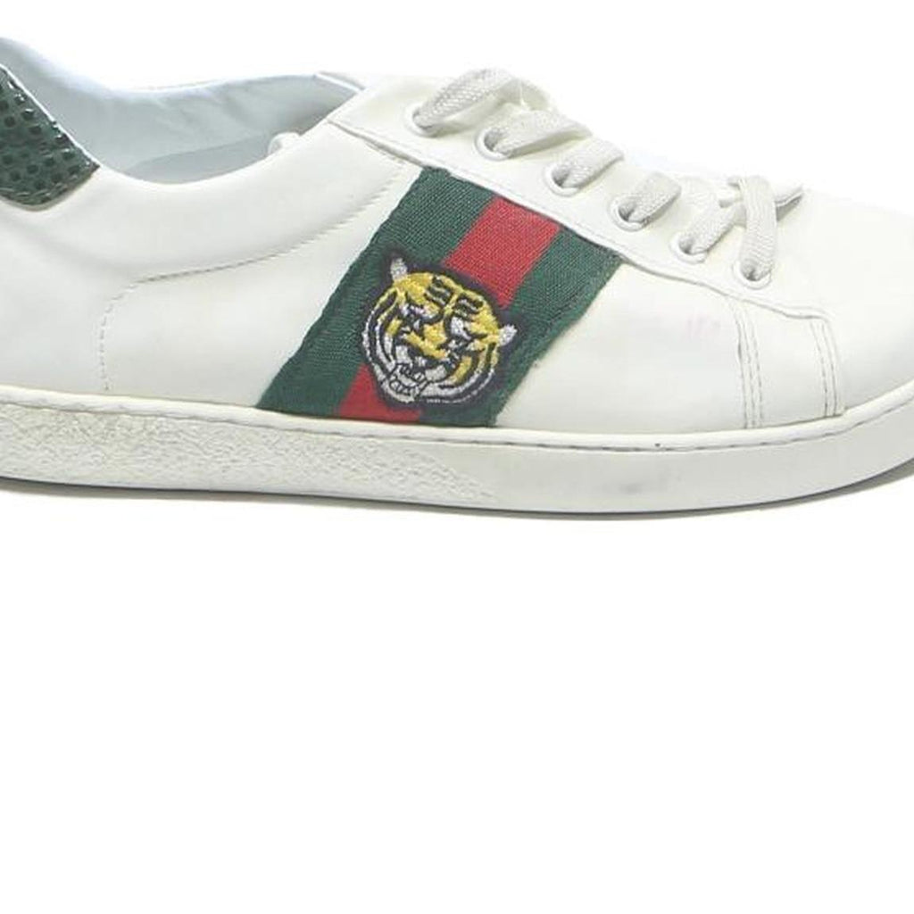 GUCCI Ace Mens Low Top Trainers White Leather UK 6.5 Tiger Embroidered Stripe