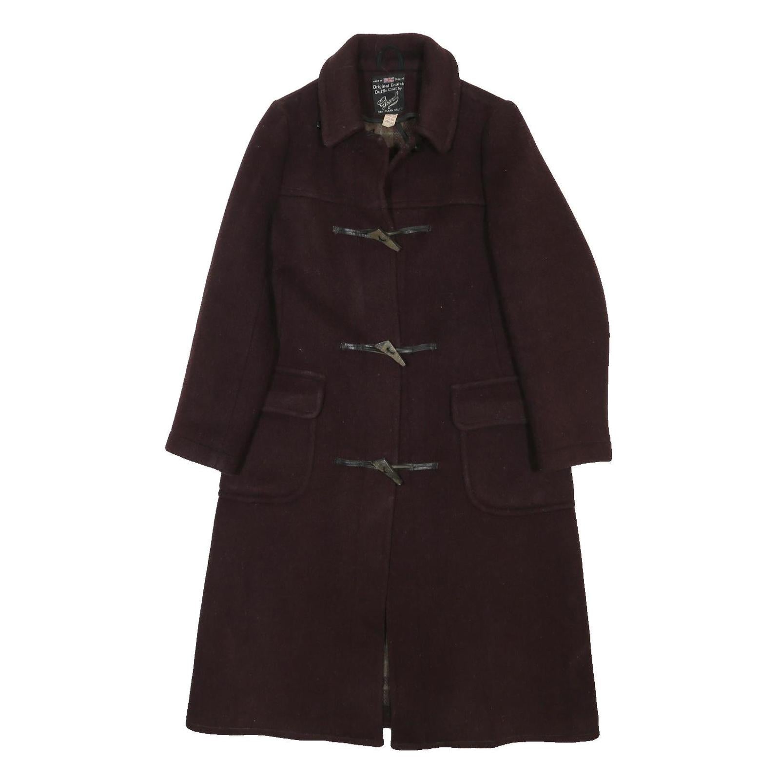 GLOVERALL Womens Maroon Wool Blend Duffle Coat S Woven Button Closure Classic