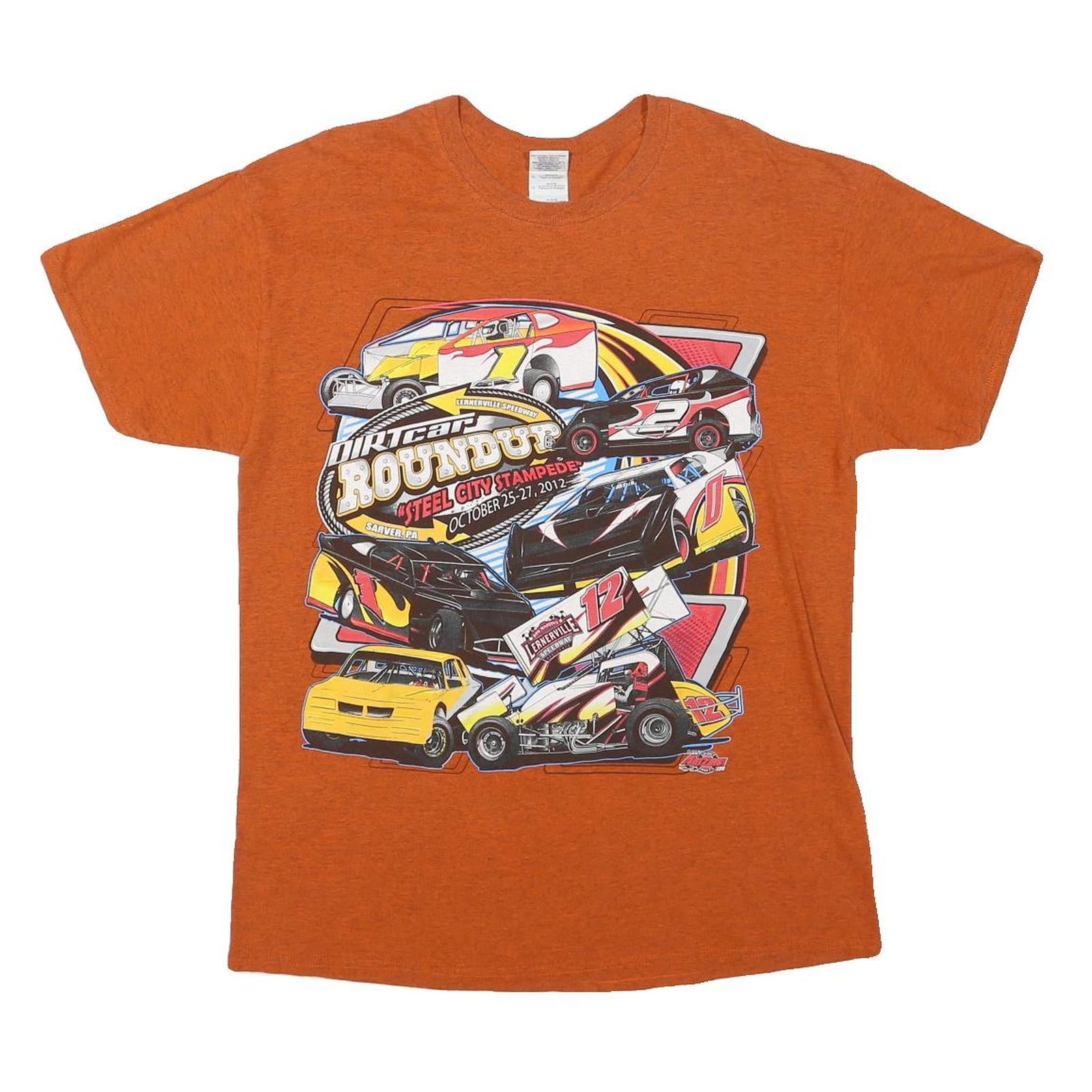 GILDAN Mens Orange Dirtcar Roundup Graphic T-Shirt L Short Sleeve Crew Neck