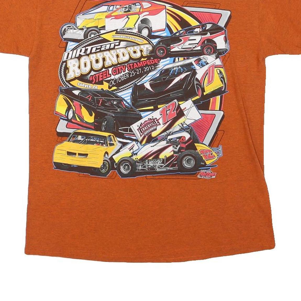 GILDAN Mens Orange Dirtcar Roundup Graphic T-Shirt L Short Sleeve Crew Neck