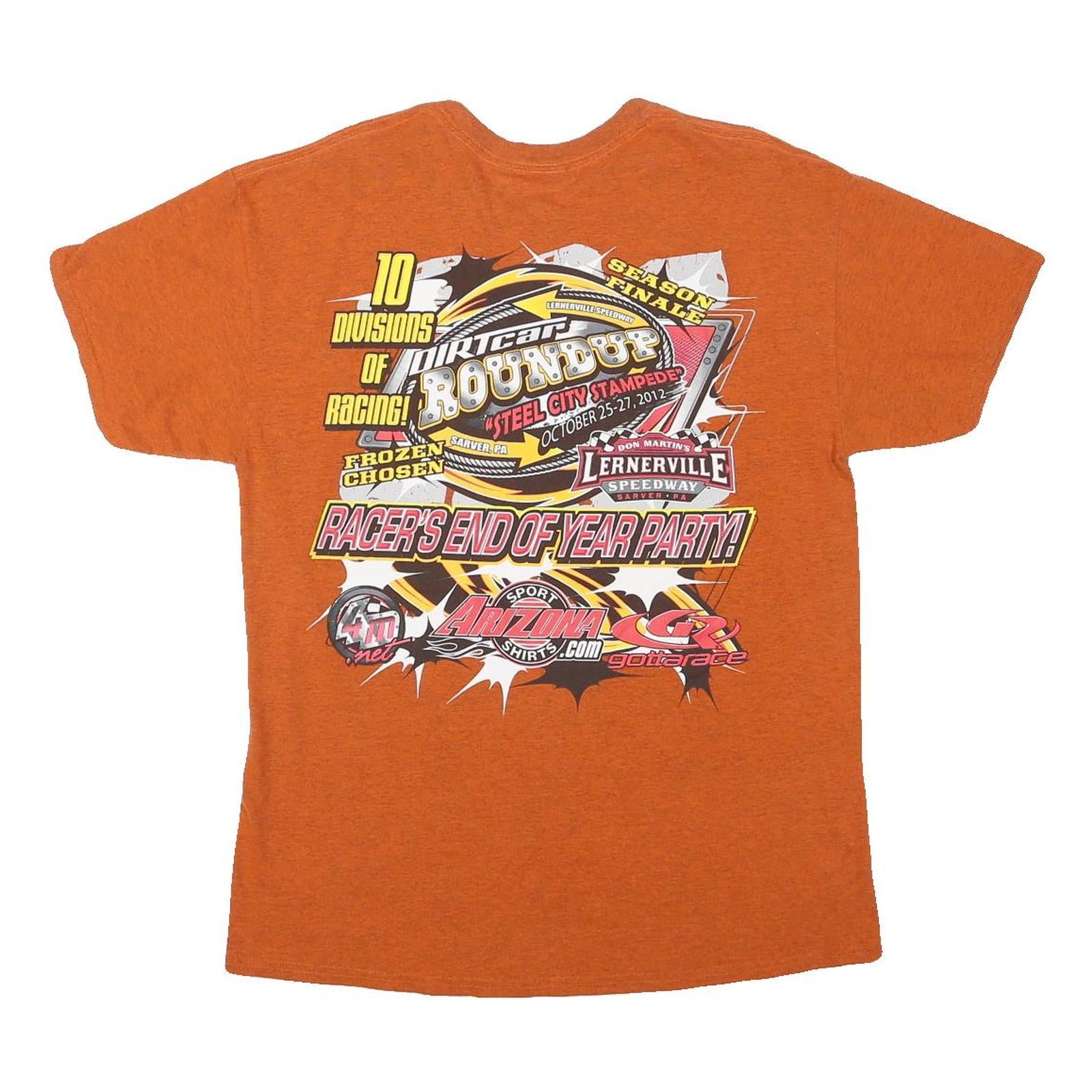 GILDAN Mens Orange Dirtcar Roundup Graphic T-Shirt L Short Sleeve Crew Neck