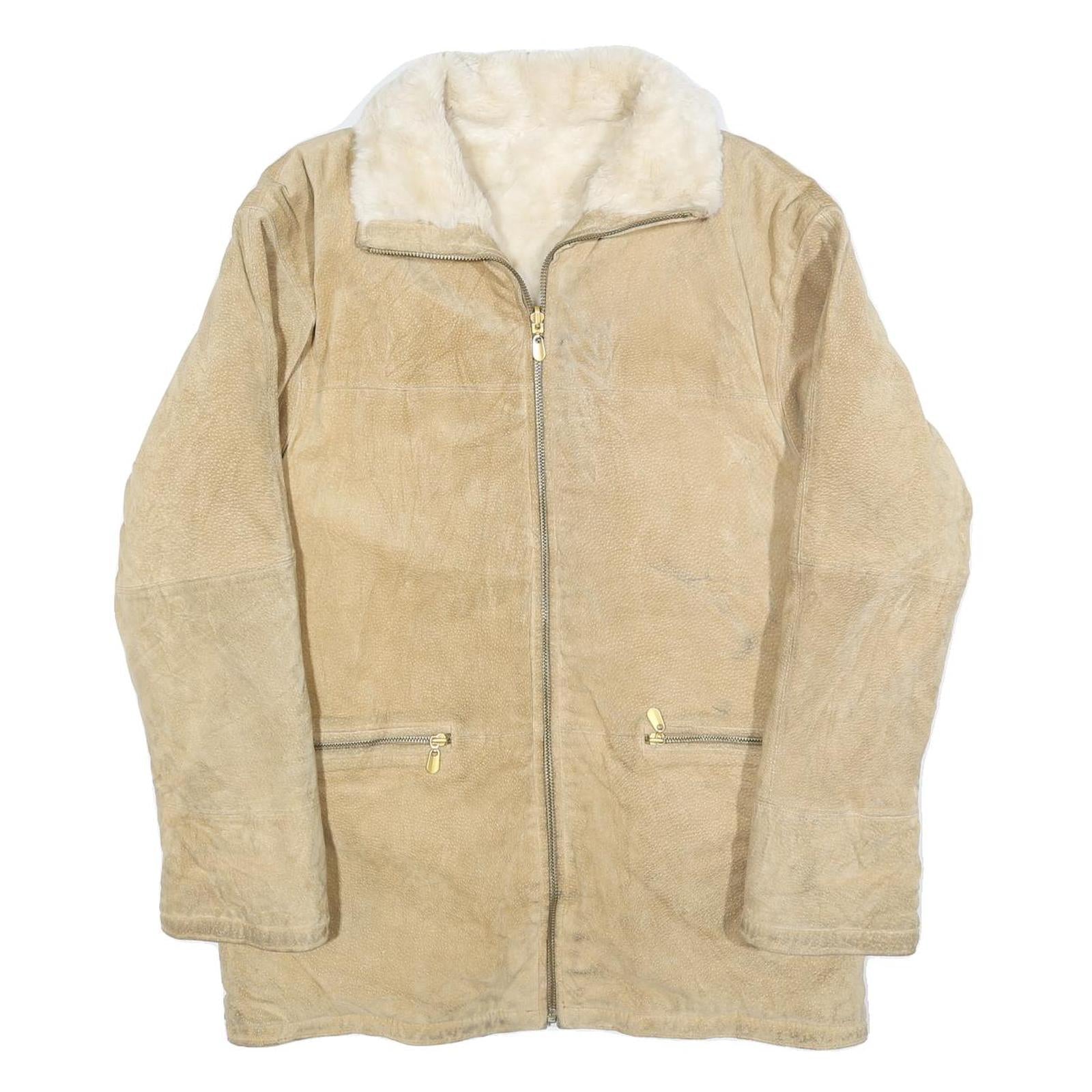 Womens Beige Leather Faux Fur Collar Full Zip Jacket M Suede Winter Outerwear