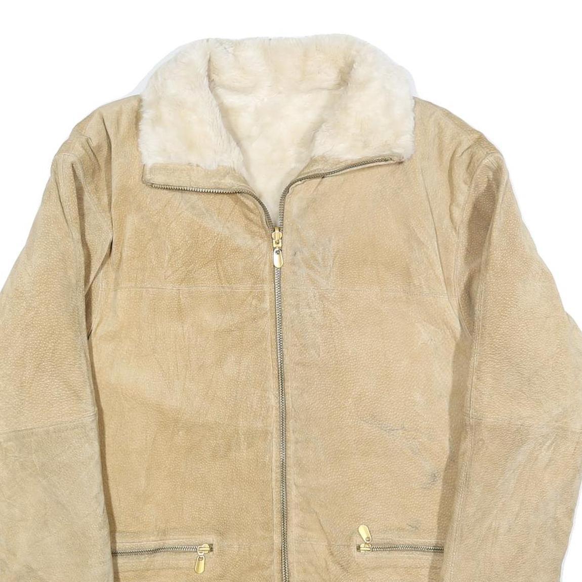 Womens Beige Leather Faux Fur Collar Full Zip Jacket M Suede Winter Outerwear