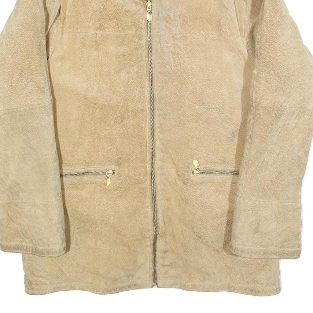 Womens Beige Leather Faux Fur Collar Full Zip Jacket M Suede Winter Outerwear