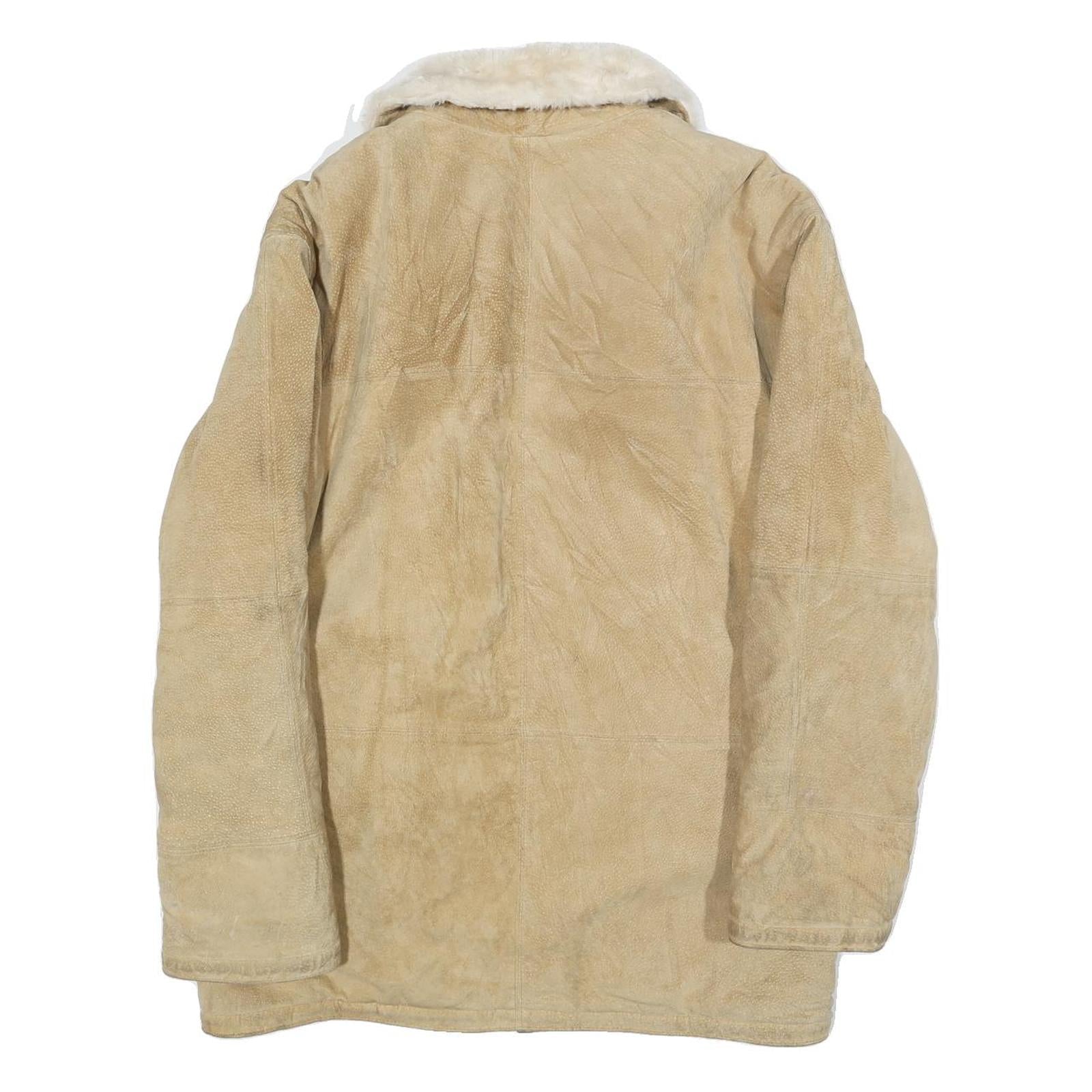 Womens Beige Leather Faux Fur Collar Full Zip Jacket M Suede Winter Outerwear