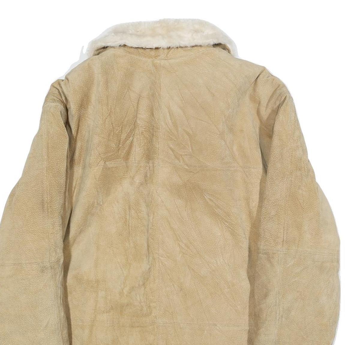 Womens Beige Leather Faux Fur Collar Full Zip Jacket M Suede Winter Outerwear