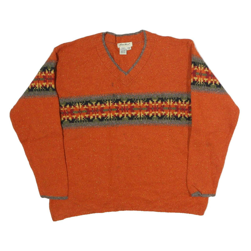 EDDIE BAUER Womens Orange Patterned Jumper V-Neck Basic Knit L Casual Cotton