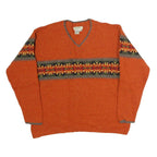 EDDIE BAUER Womens Orange Patterned Jumper V-Neck Basic Knit L Casual Cotton