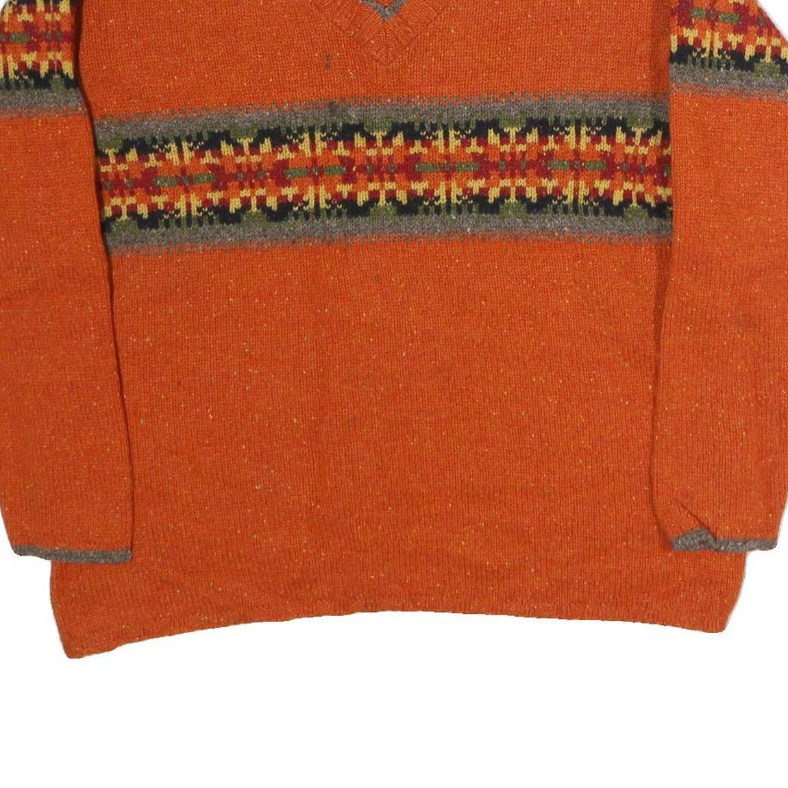 EDDIE BAUER Womens Orange Patterned Jumper V-Neck Basic Knit L Casual Cotton