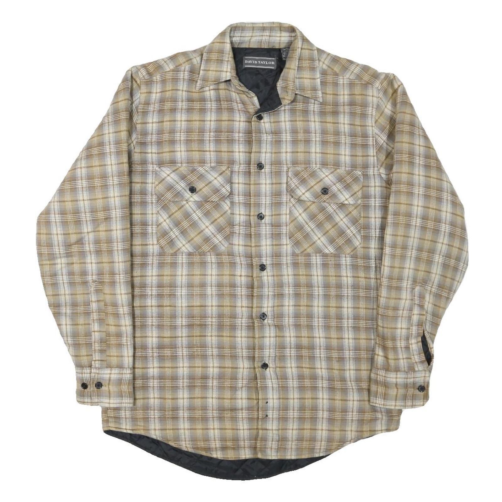 DAVID TAYLOR Mens Beige & Brown Check Shirt S Cotton Blend Casual Long Sleeve