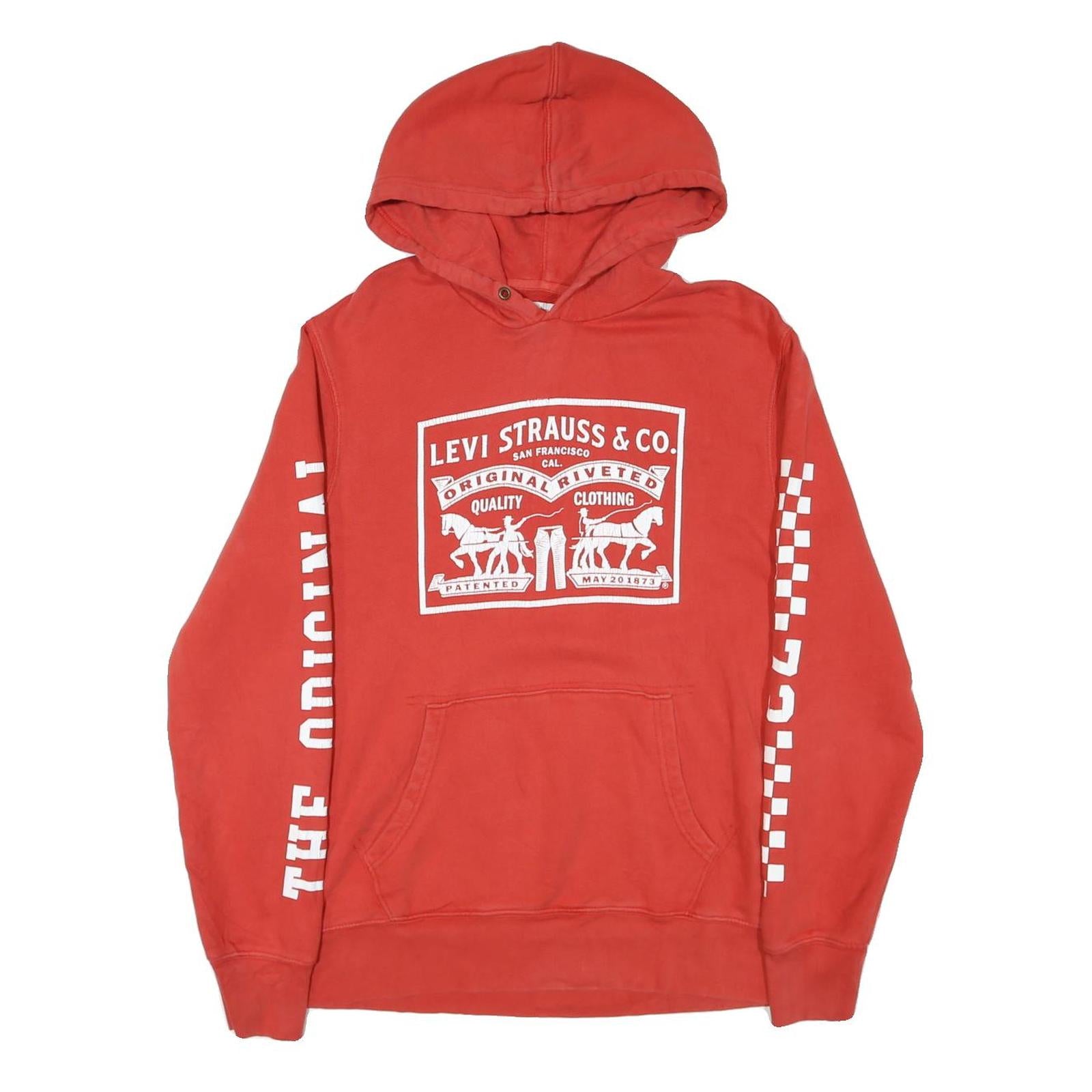 LEVI'S Mens Red Pullover Hoodie M Cotton Blend Graphic Print Casual Sweatshirt