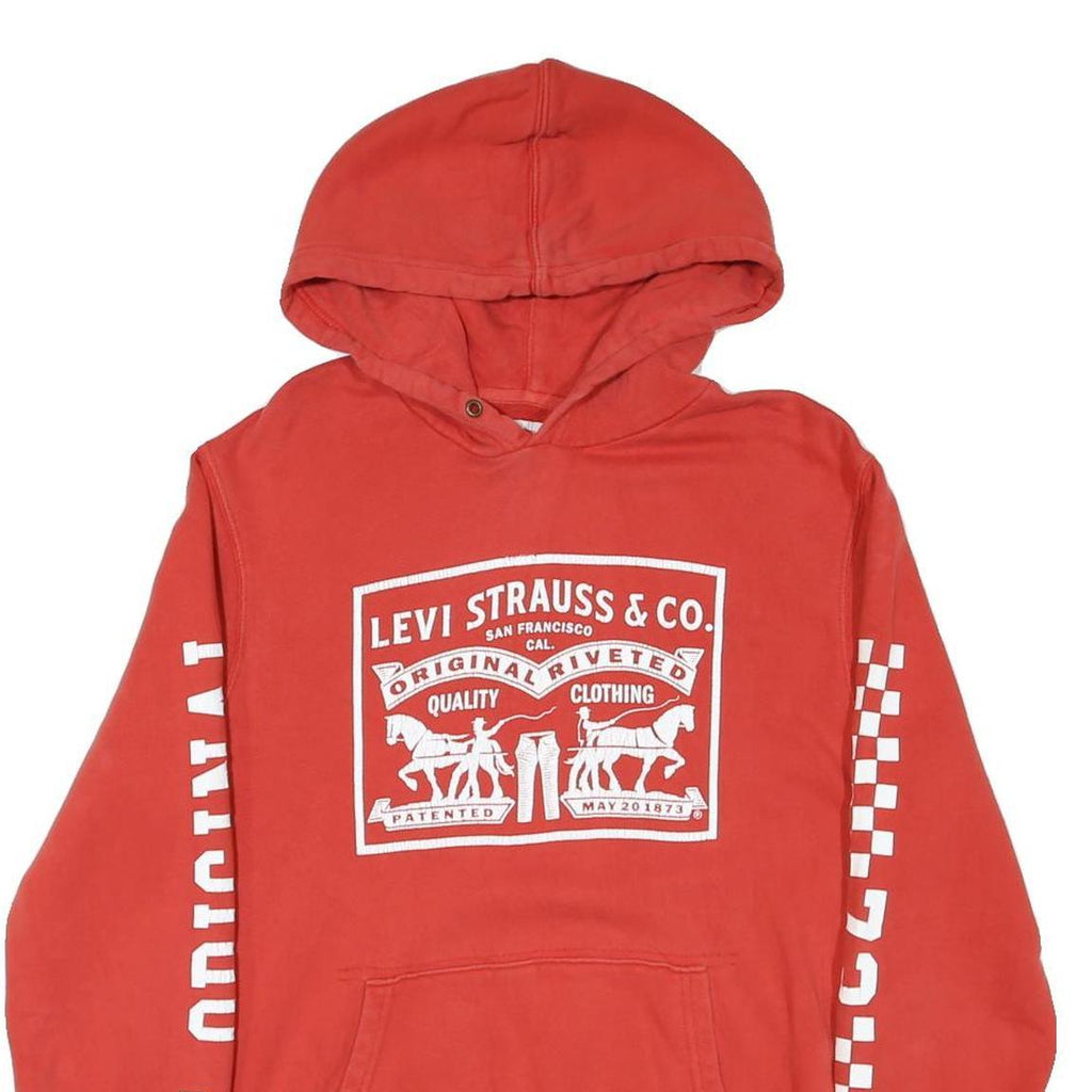 LEVI'S Mens Red Pullover Hoodie M Cotton Blend Graphic Print Casual Sweatshirt