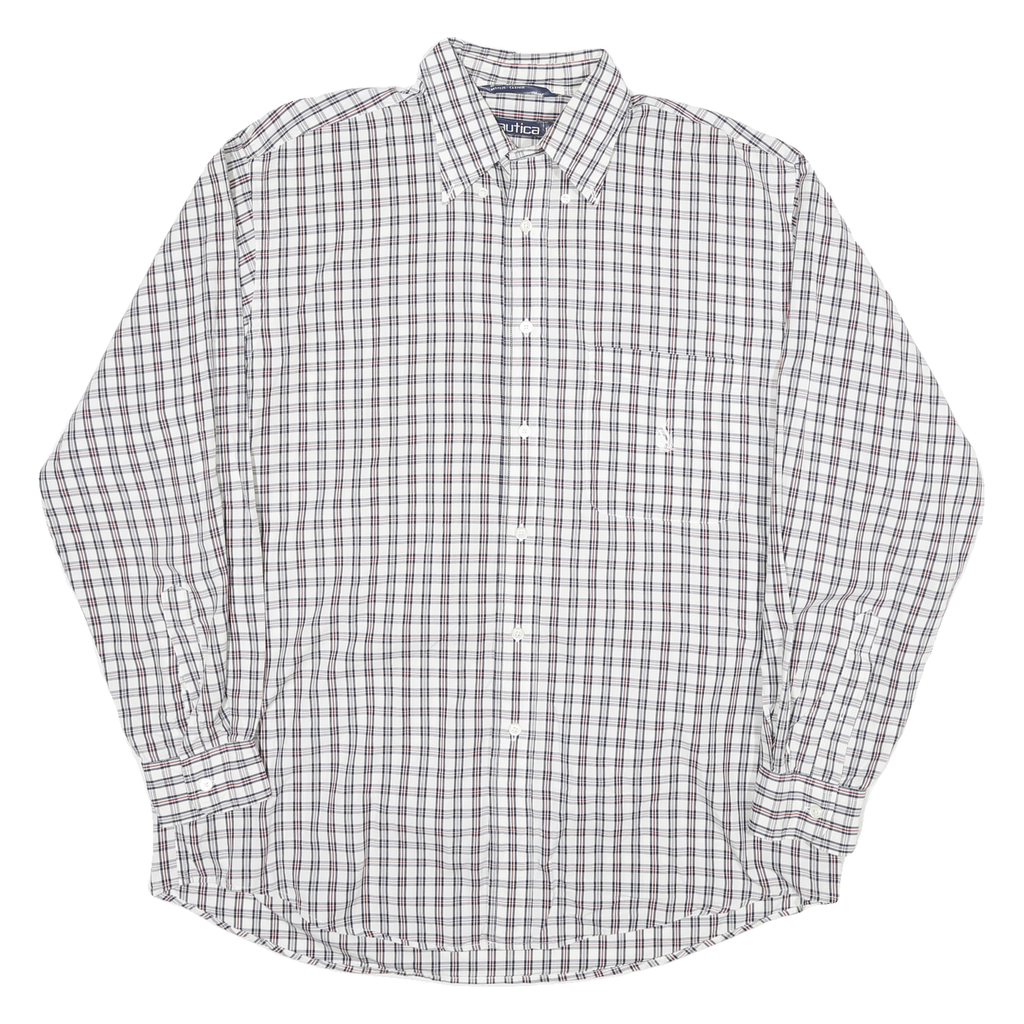 NAUTICA Mens White & Red Checked Cotton Blend Shirt L Classic Button Down Long