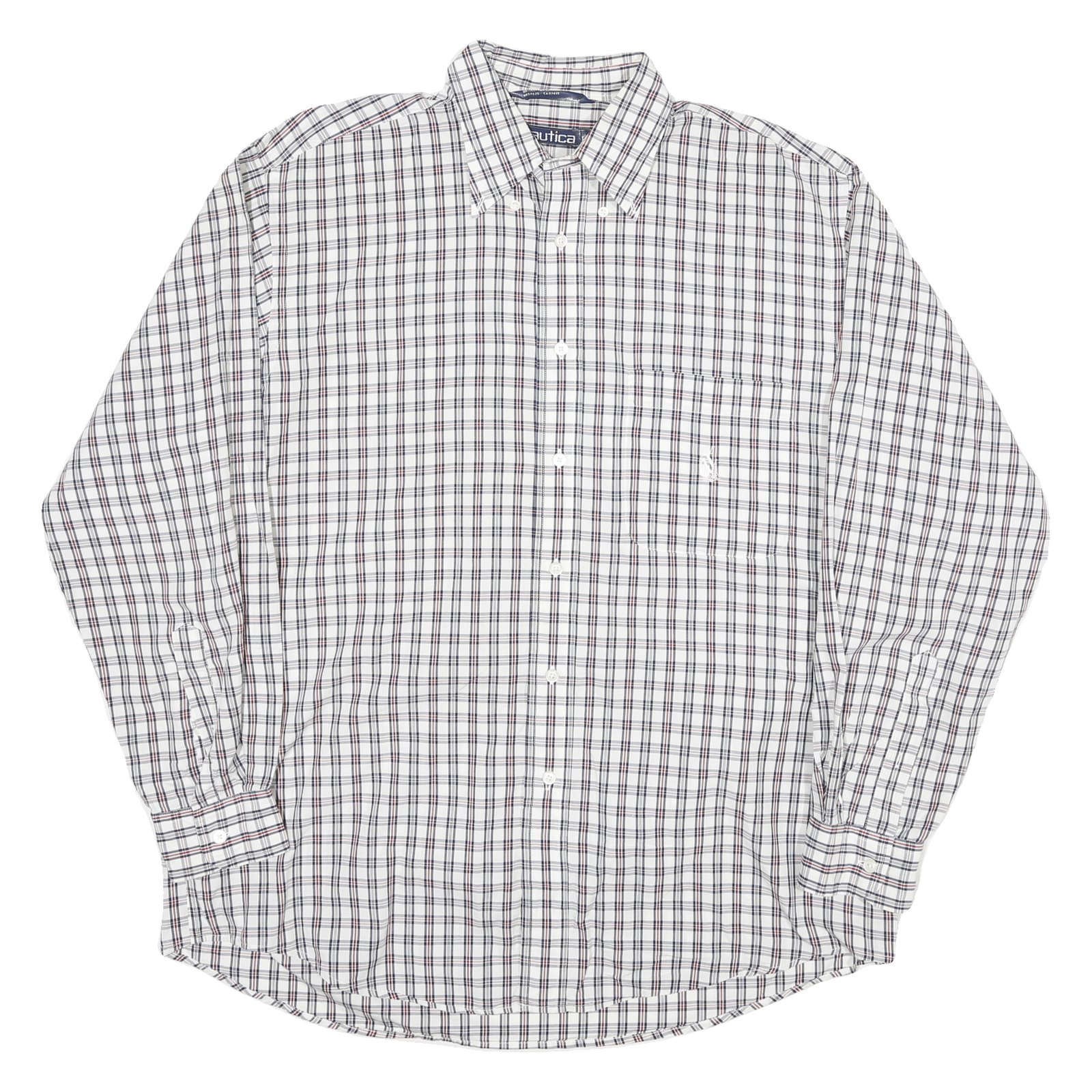 NAUTICA Mens White & Red Checked Cotton Blend Shirt L Classic Button Down Long