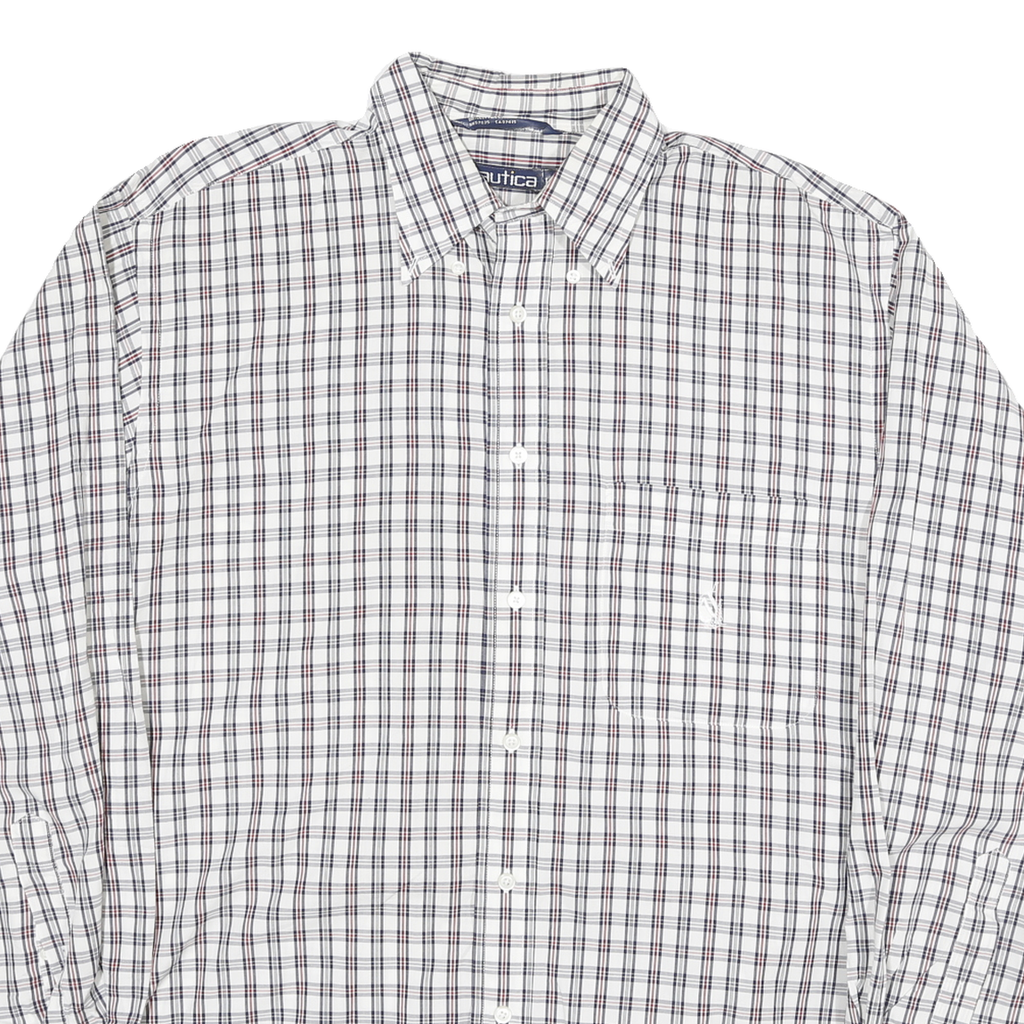 NAUTICA Mens White & Red Checked Cotton Blend Shirt L Classic Button Down Long