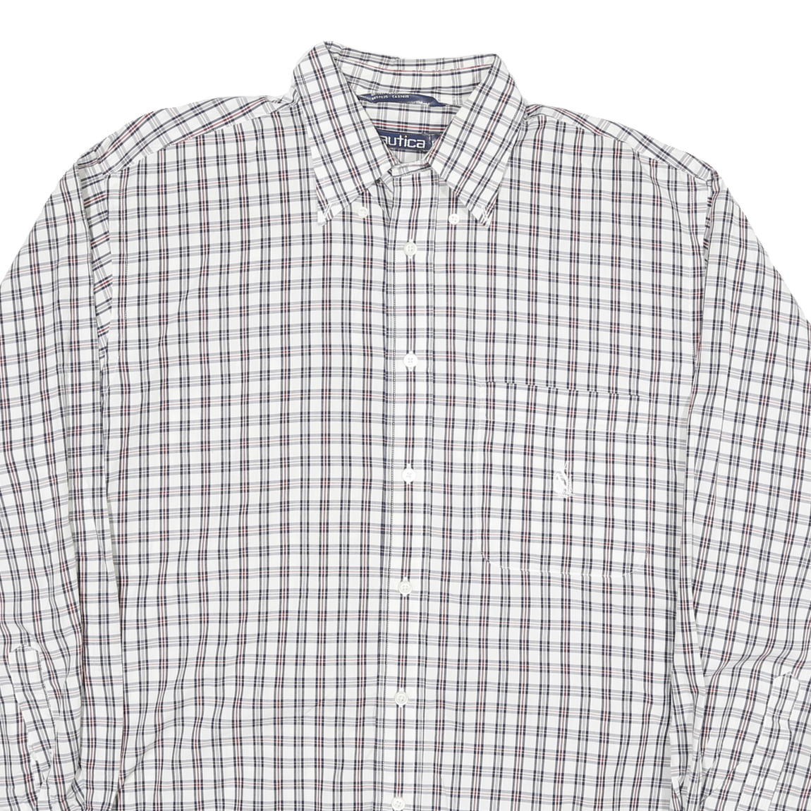 NAUTICA Mens White & Red Checked Cotton Blend Shirt L Classic Button Down Long