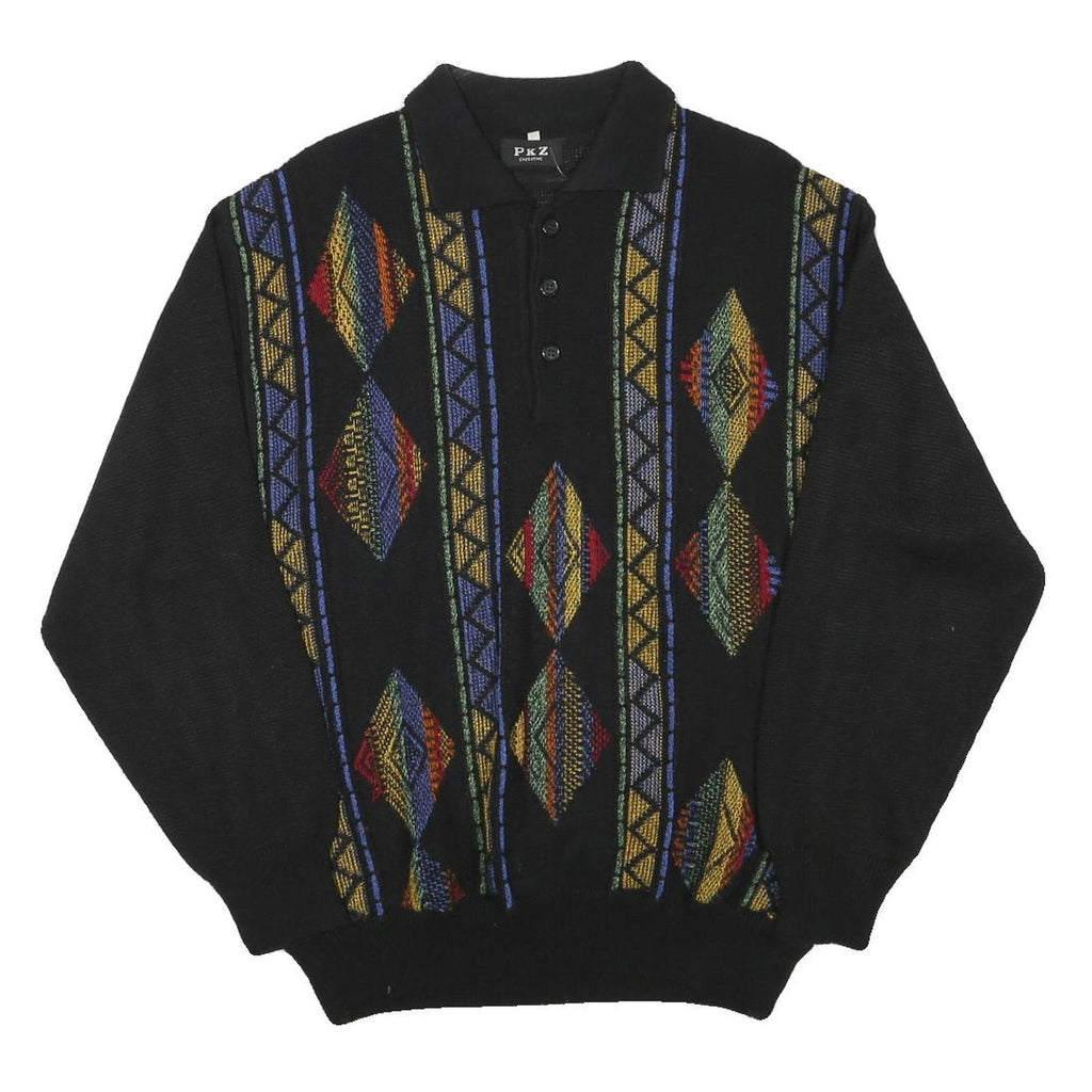 PKZ Mens Black Patterned Pullover Polo Wool Blend Jumper L Casual Retro Knit