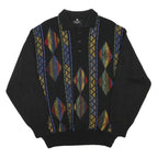 PKZ Mens Black Patterned Pullover Polo Wool Blend Jumper L Casual Retro Knit