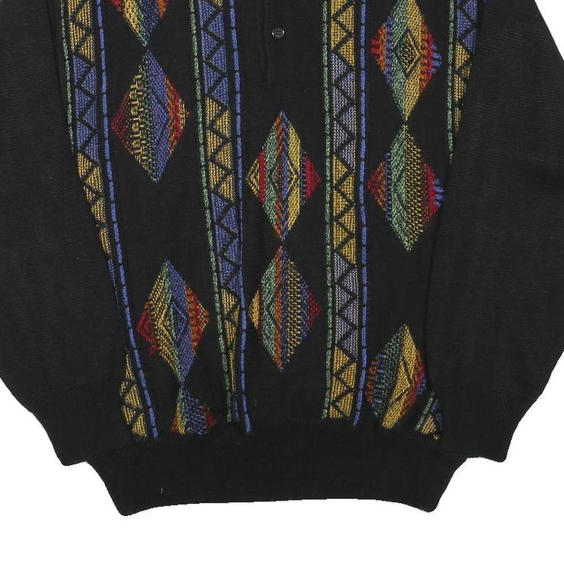 PKZ Mens Black Patterned Pullover Polo Wool Blend Jumper L Casual Retro Knit