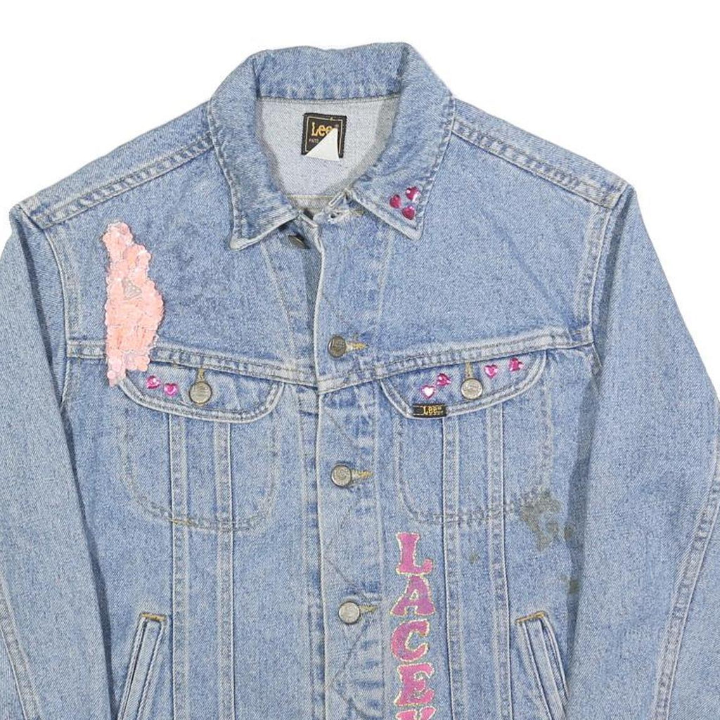 LEE Womens Blue Denim Jacket M Cotton Button Flamingo Embroidered Sequins