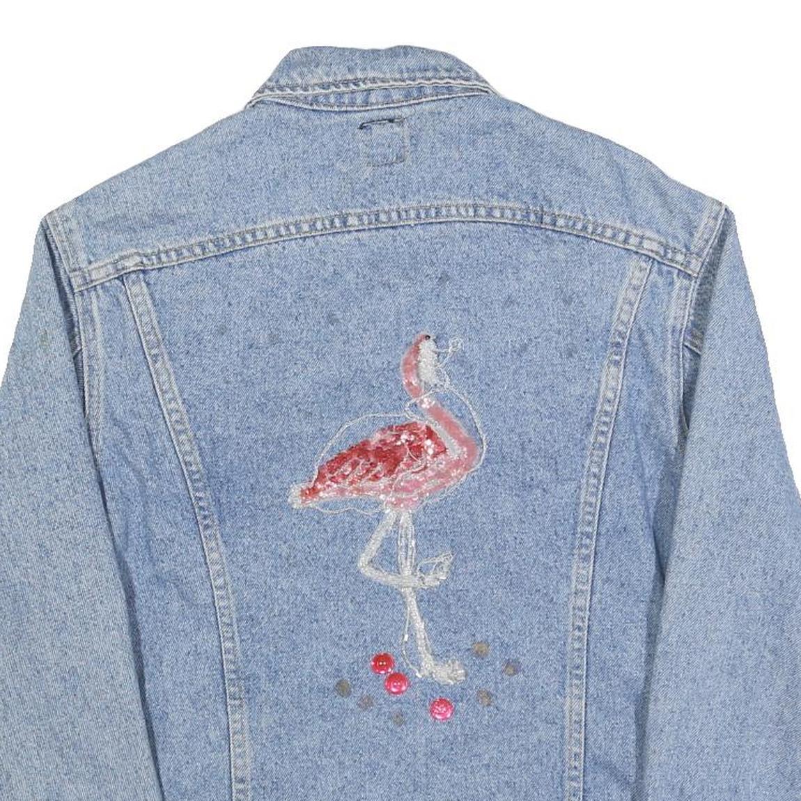 LEE Womens Blue Denim Jacket M Cotton Button Flamingo Embroidered Sequins