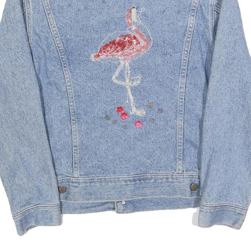 LEE Womens Blue Denim Jacket M Cotton Button Flamingo Embroidered Sequins