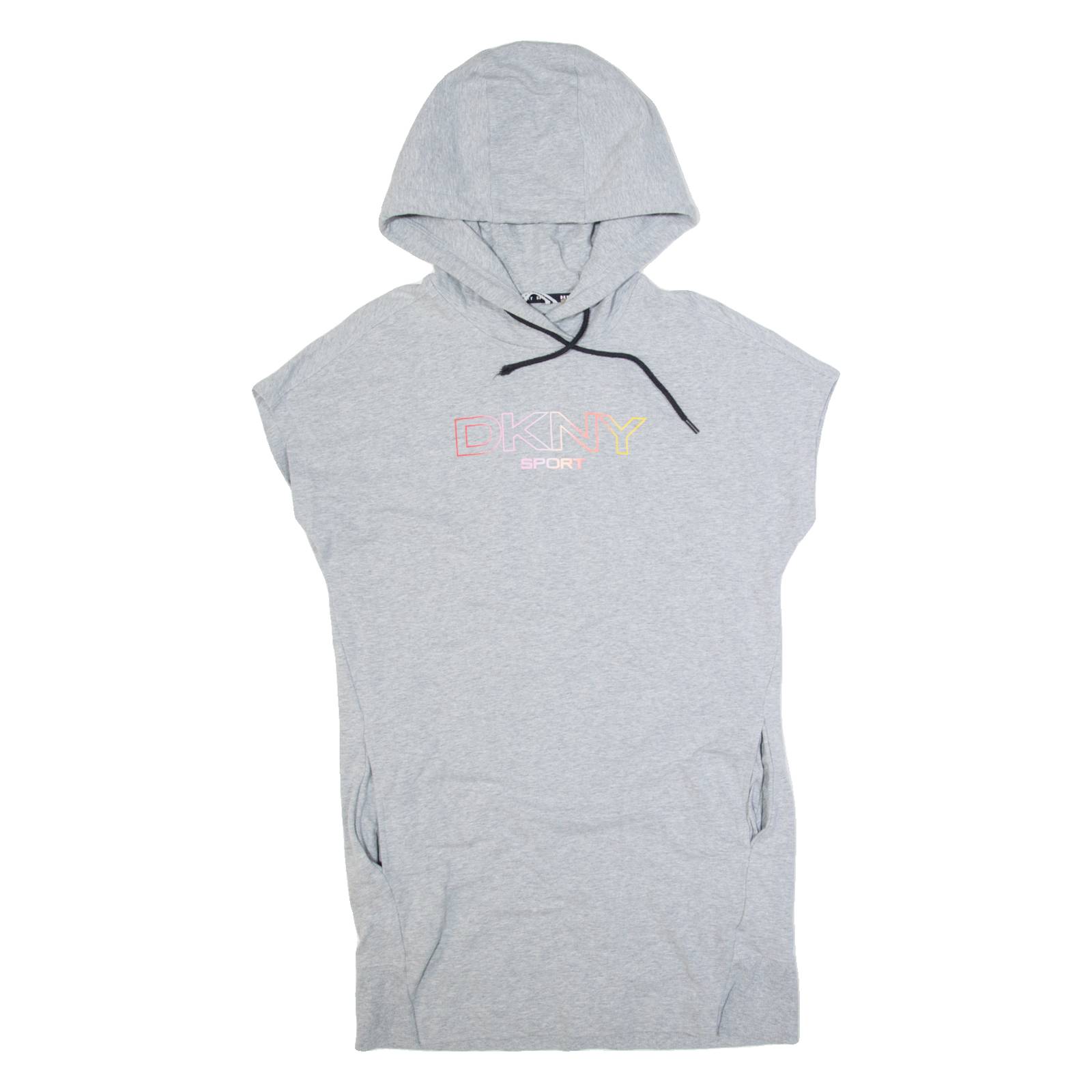 DKNY Hooded Oversized Womens Jumper Dress Grey Short Sleeve Knee Length S