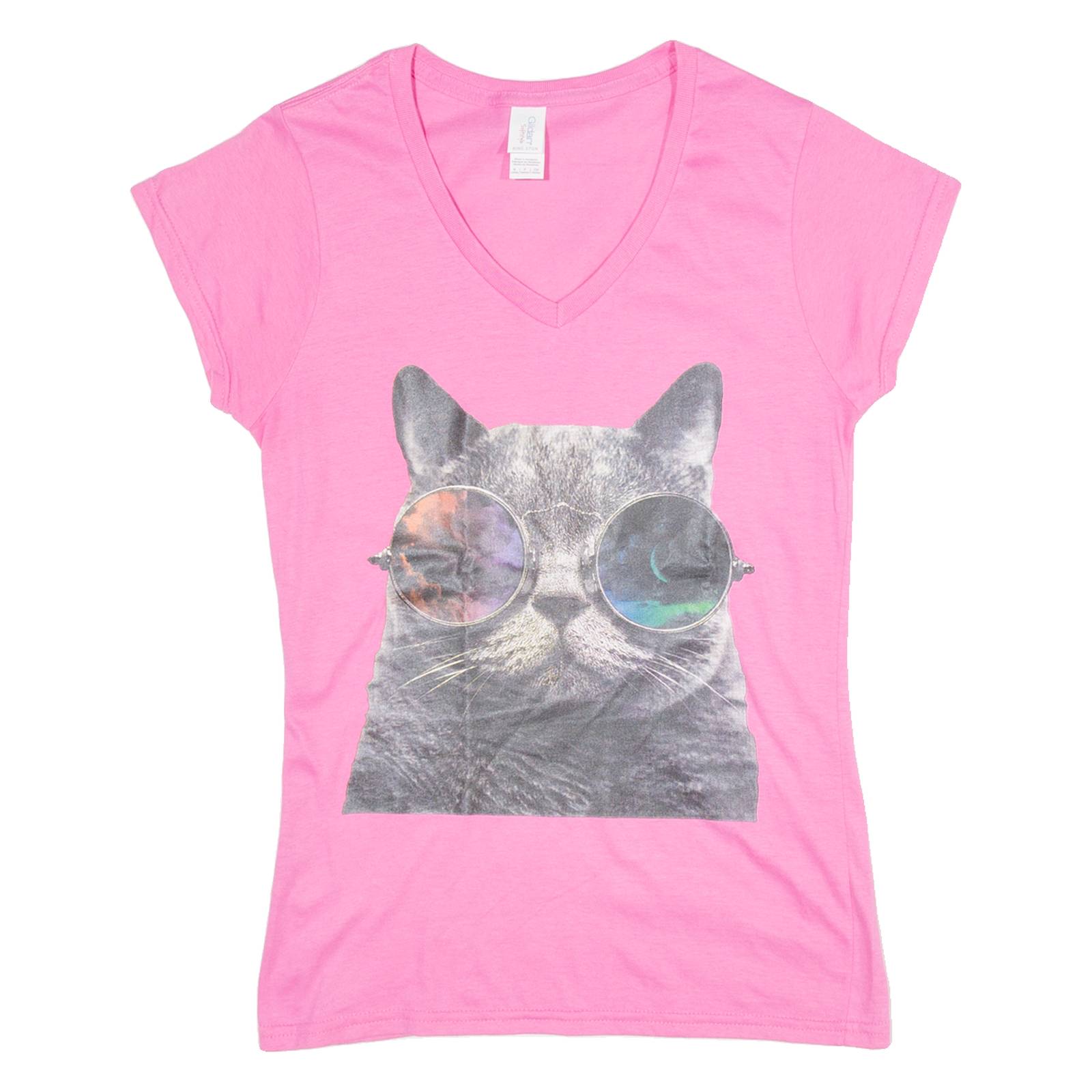 GILDAN Cat Print Womens T-Shirt Pink V-Neck S
