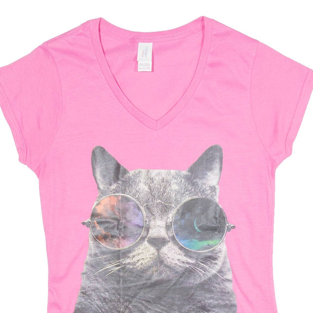 GILDAN Cat Print Womens T-Shirt Pink V-Neck S