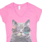 GILDAN Cat Print Womens T-Shirt Pink V-Neck S