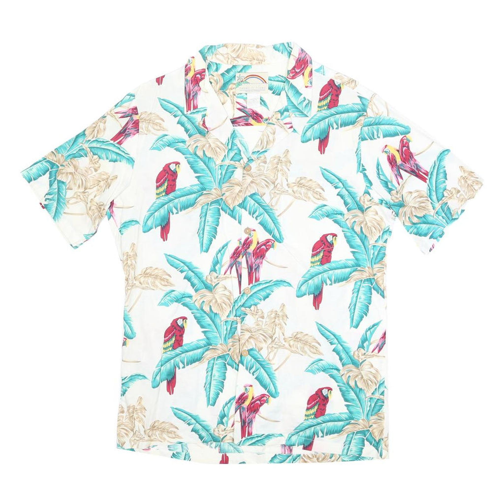 PARADISE FOUND Mens White & Aqua Tropical Print Cotton Shirt L Summer Beach