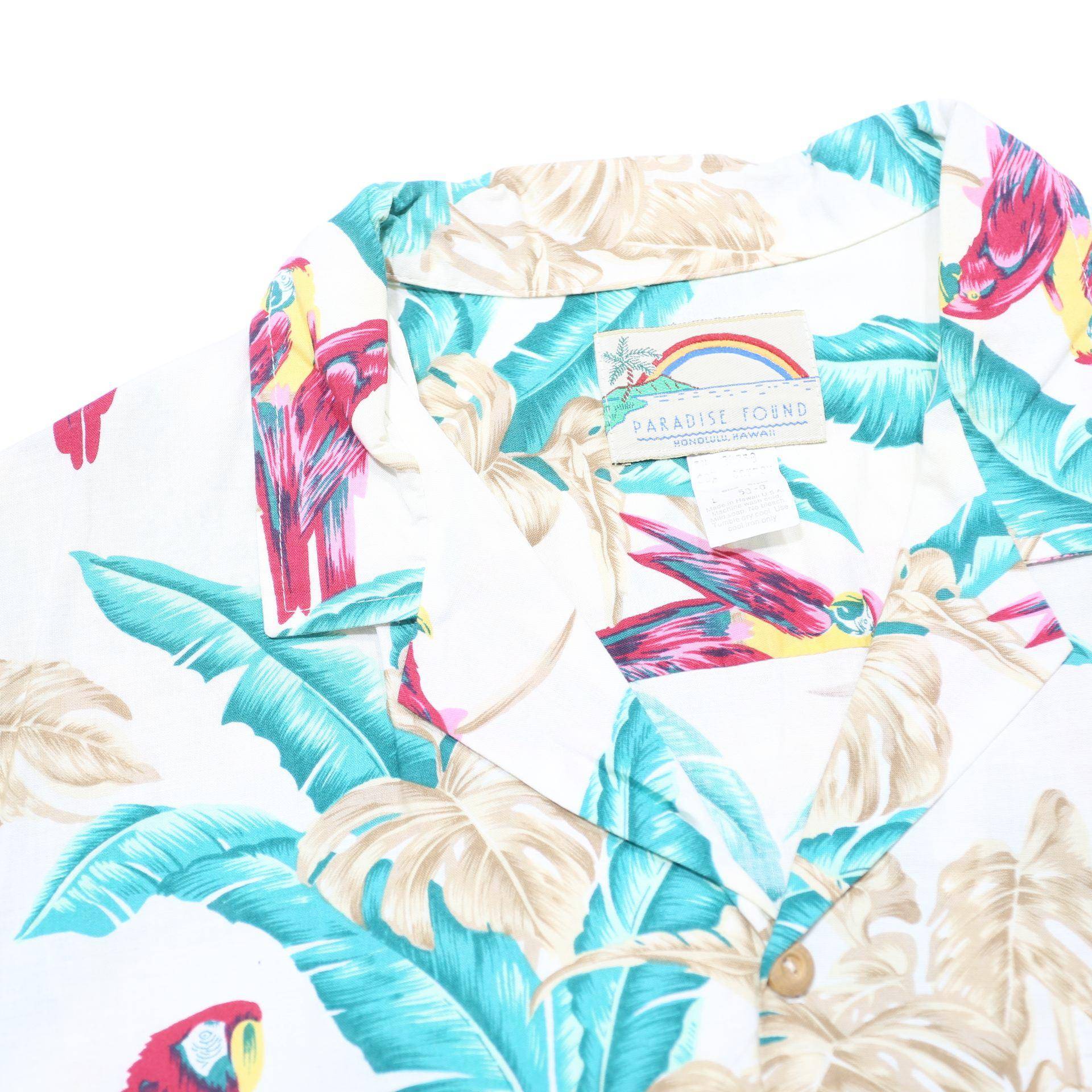 PARADISE FOUND Mens White & Aqua Tropical Print Cotton Shirt L Summer Beach