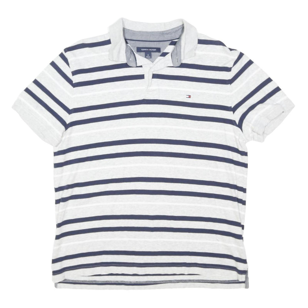 TOMMY HILFIGER Mens White & Navy Blue Striped Short Sleeve Polo Shirt M Casual