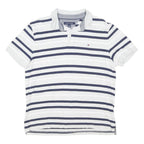 TOMMY HILFIGER Mens White & Navy Blue Striped Short Sleeve Polo Shirt M Casual