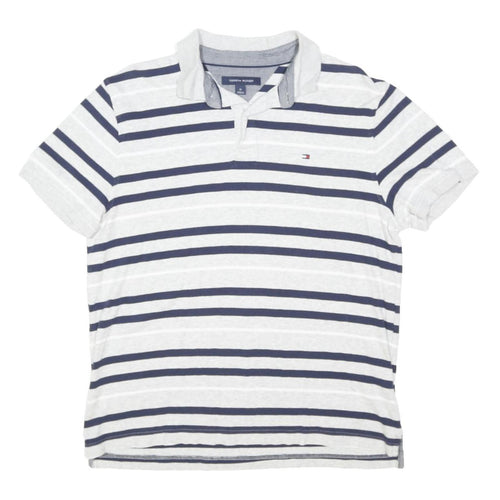 TOMMY HILFIGER Mens White & Navy Blue Striped Short Sleeve Polo Shirt M Casual