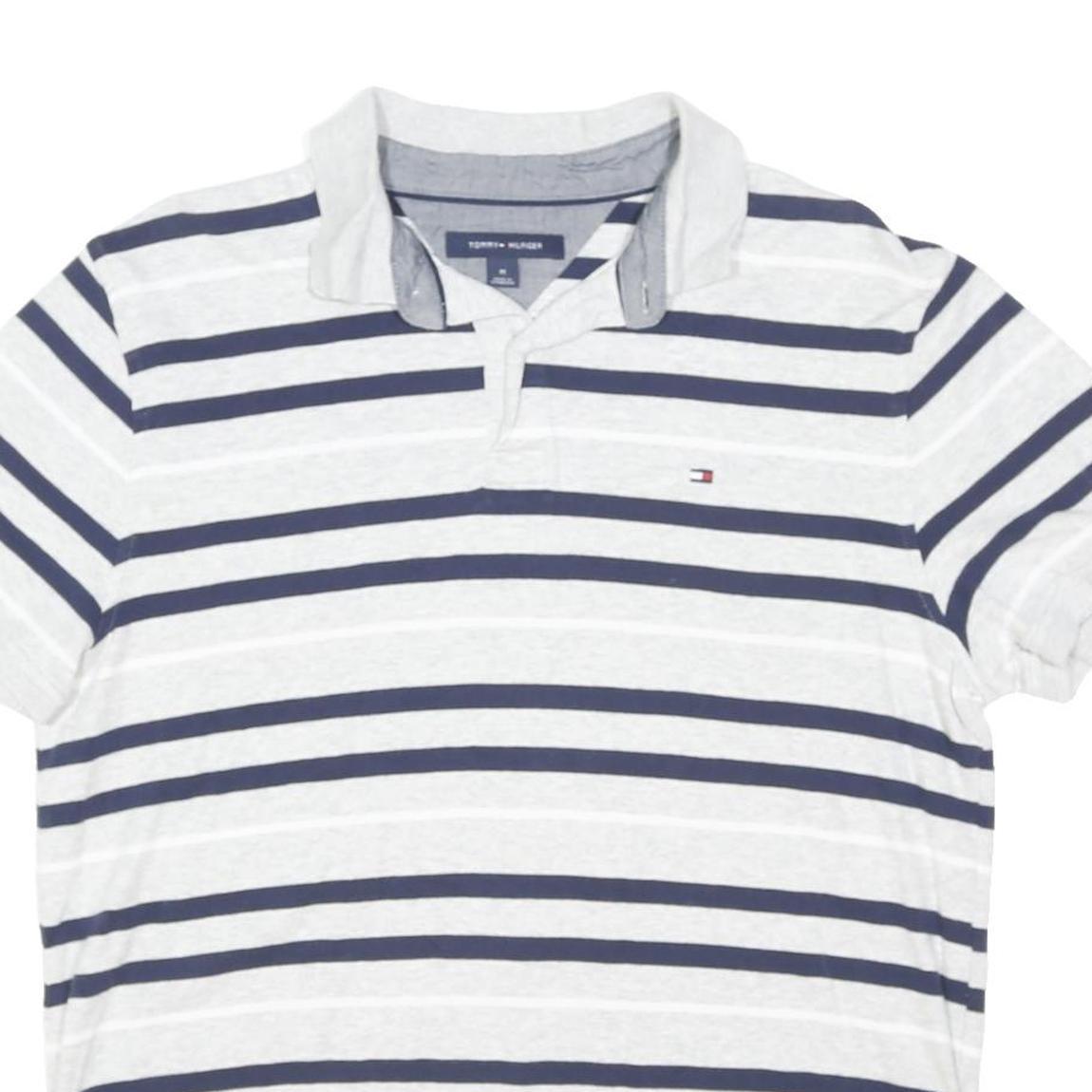 TOMMY HILFIGER Mens White & Navy Blue Striped Short Sleeve Polo Shirt M Casual