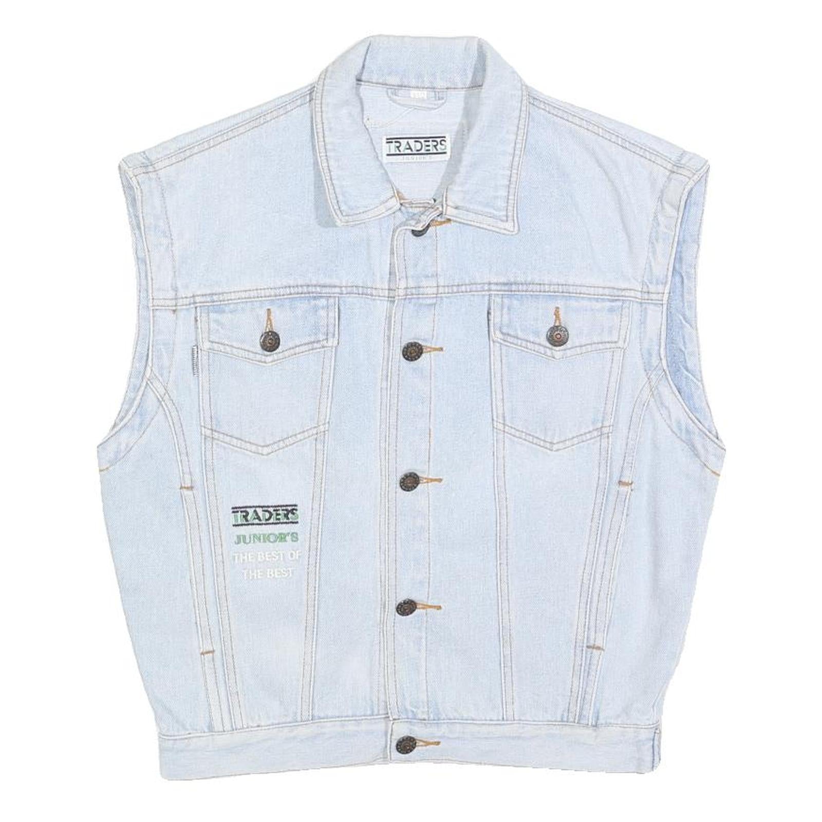 TRADERS Boys Blue Cotton Denim Sleeveless Jacket L Button Plain Stylish