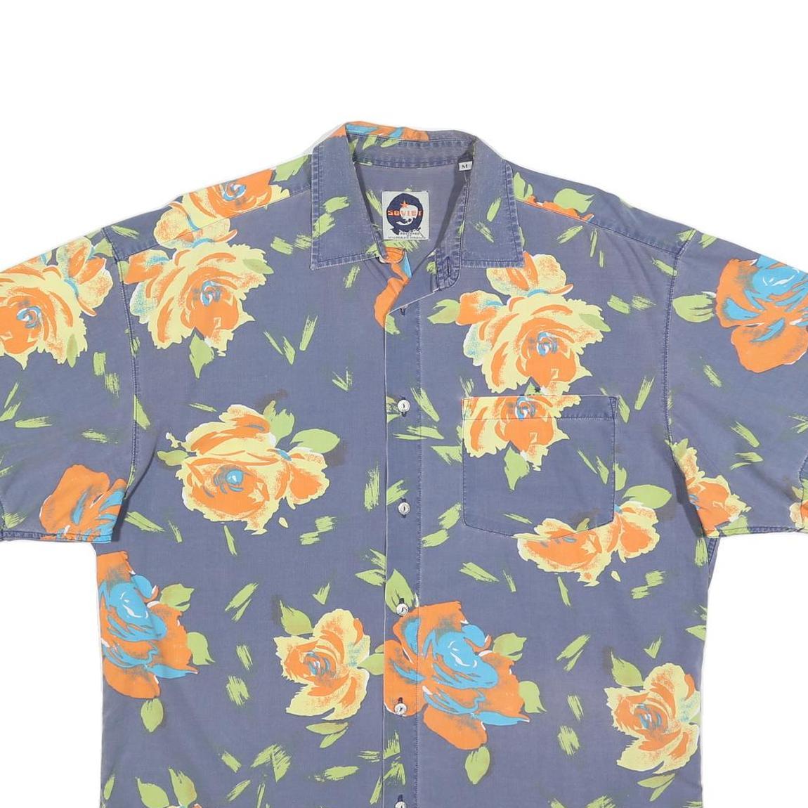 SOVIET Mens Blue Floral Print Cotton Blend Short Sleeve Shirt M Summer Beach