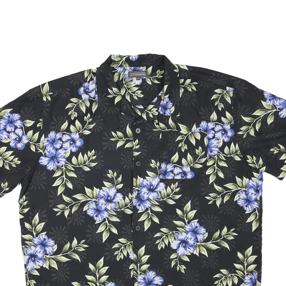 DENVERHAYES Mens Black & Blue Floral Rayon Shirt XL Hawaiian Style Casual