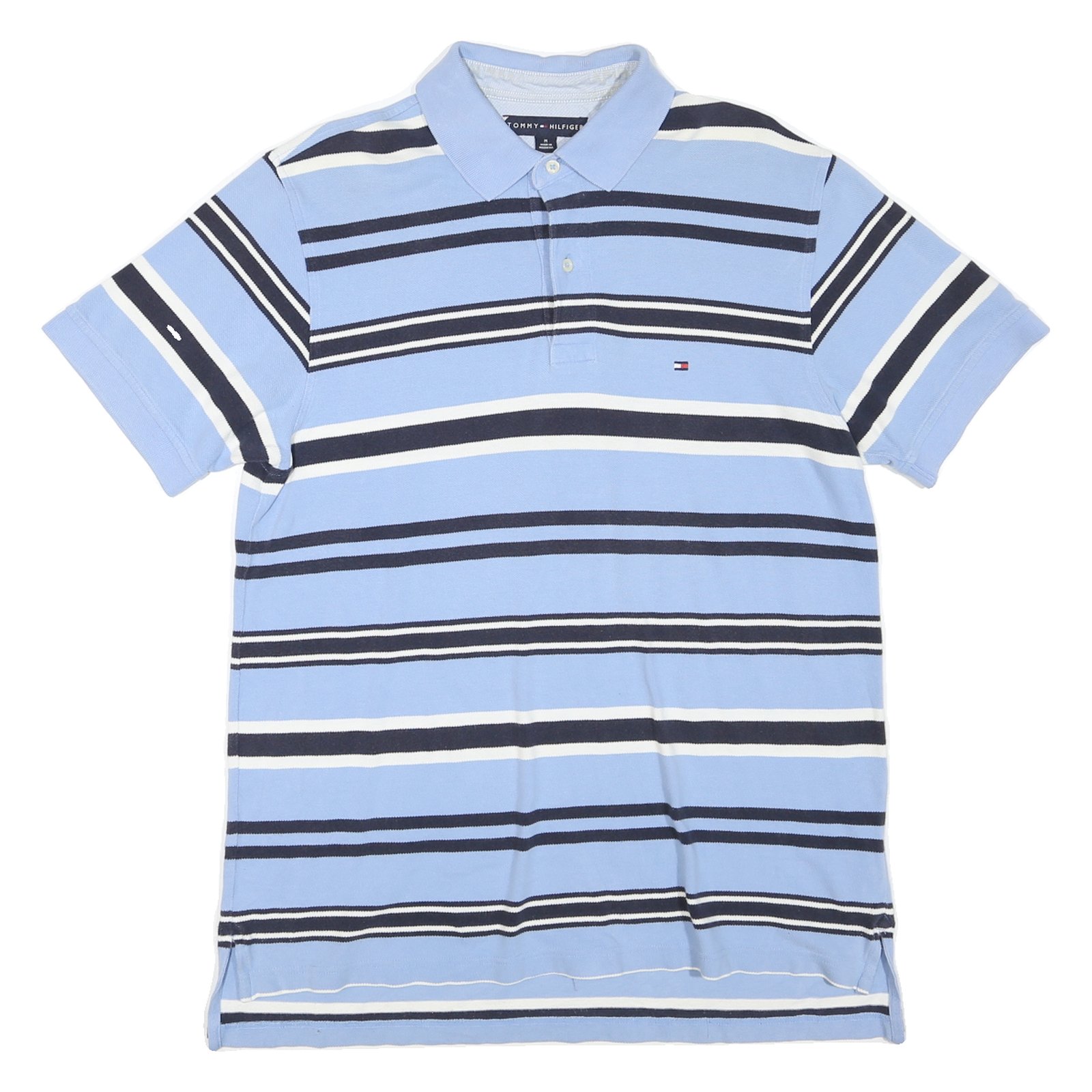 TOMMY HILFIGER Mens Blue & White Striped Short Sleeve Polo Shirt M Cotton Blend