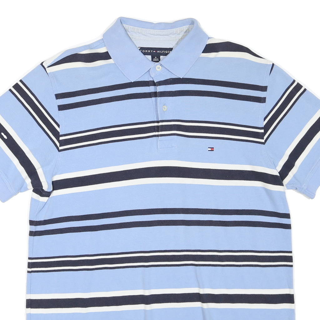 TOMMY HILFIGER Mens Blue & White Striped Short Sleeve Polo Shirt M Cotton Blend
