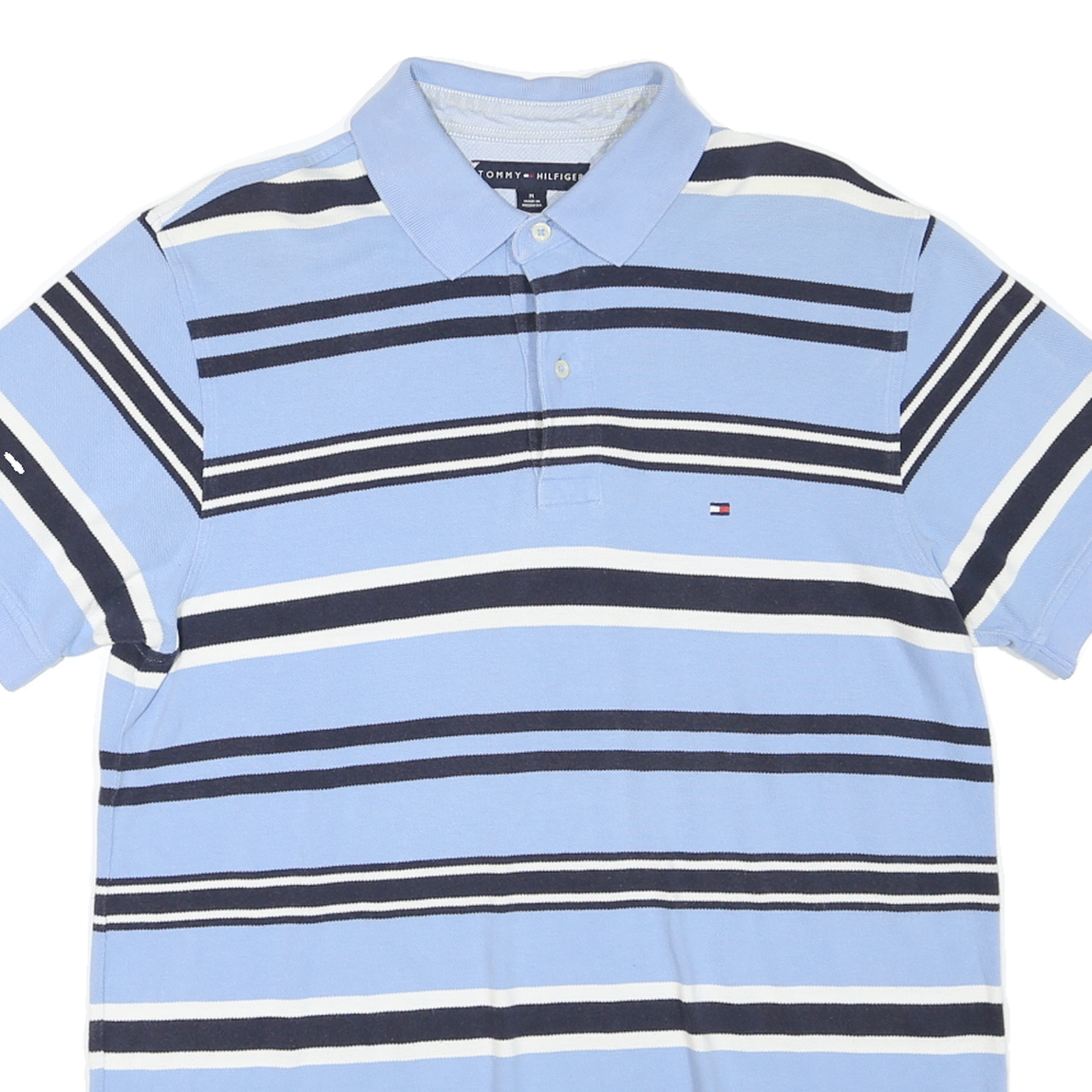 TOMMY HILFIGER Mens Blue & White Striped Short Sleeve Polo Shirt M Cotton Blend