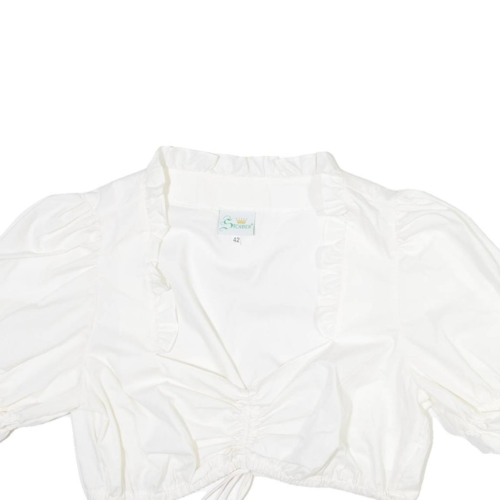 STOIBER Womens Cropped Blouse White Button Neck Puff Sleeve M