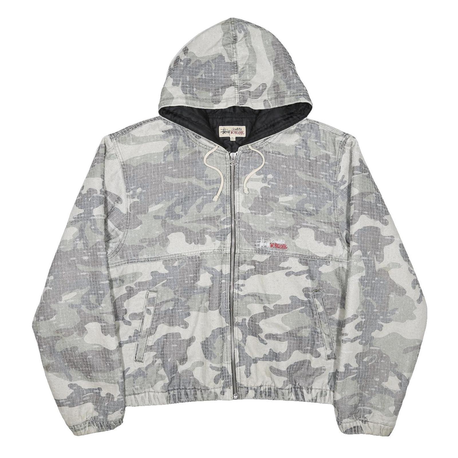 STUSSY Woodland Camo Needlepunch Mens Grey Camouflage Zip Hoodie Jacket XL