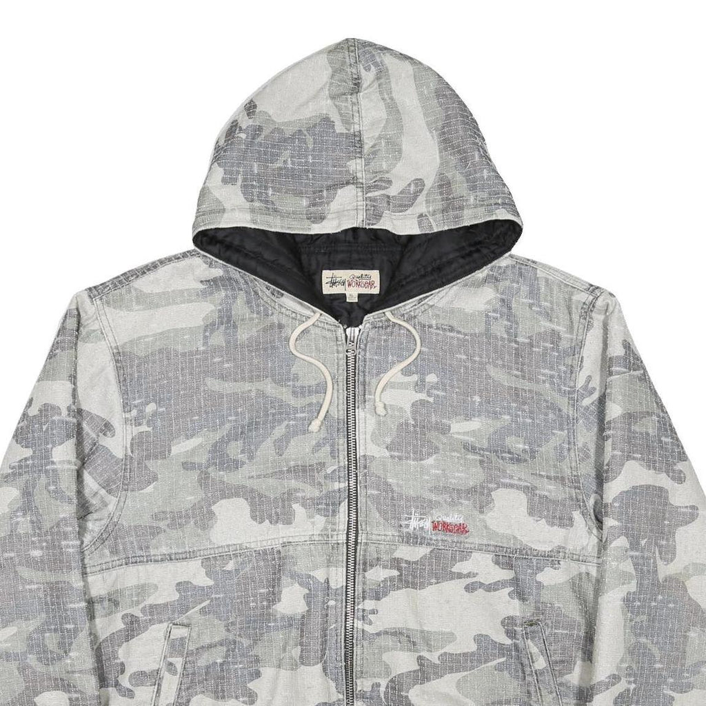STUSSY Woodland Camo Needlepunch Mens Grey Camouflage Zip Hoodie Jacket XL